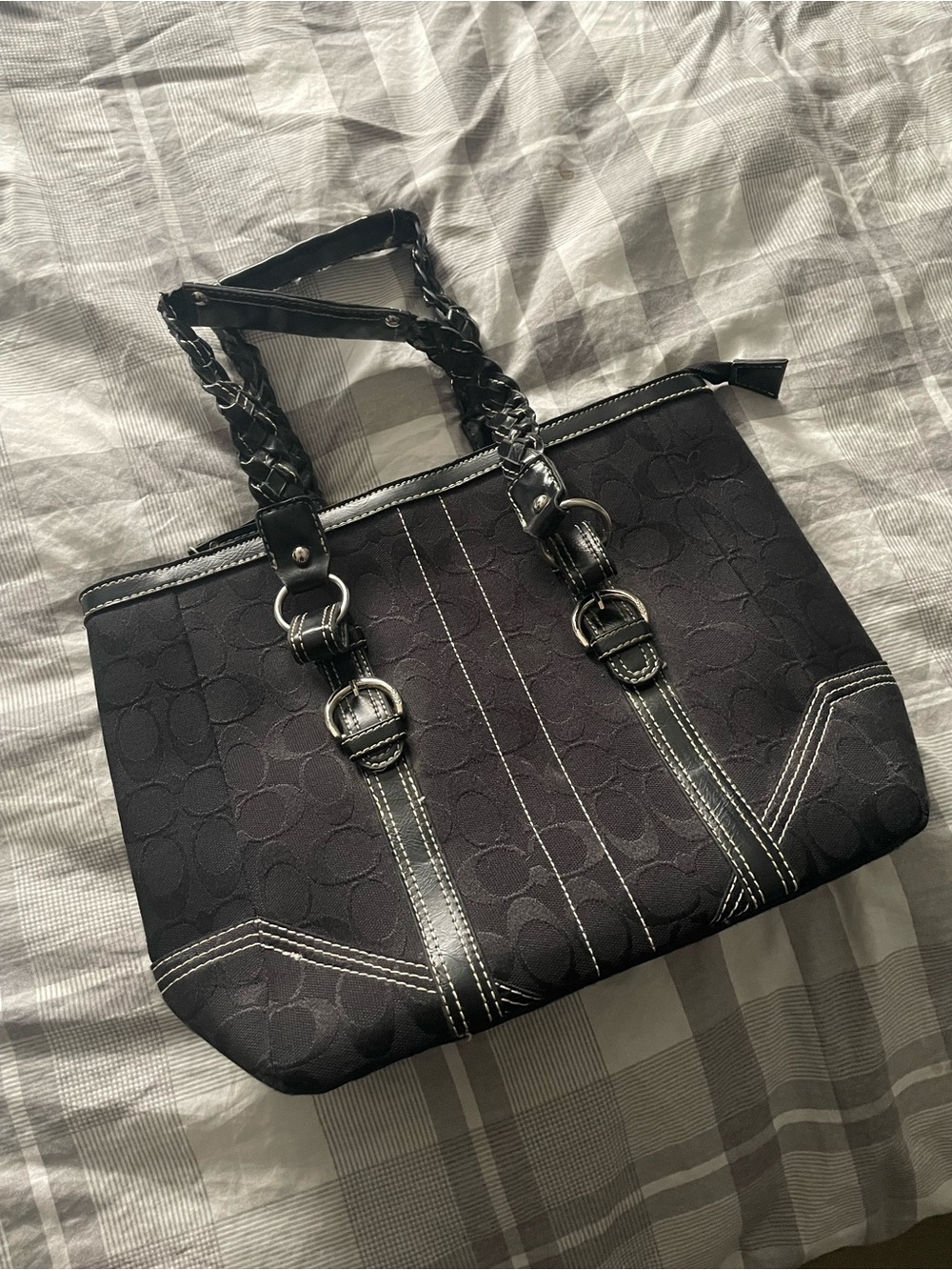 Coach Black Signature Jacquard Tote with Braided Handles